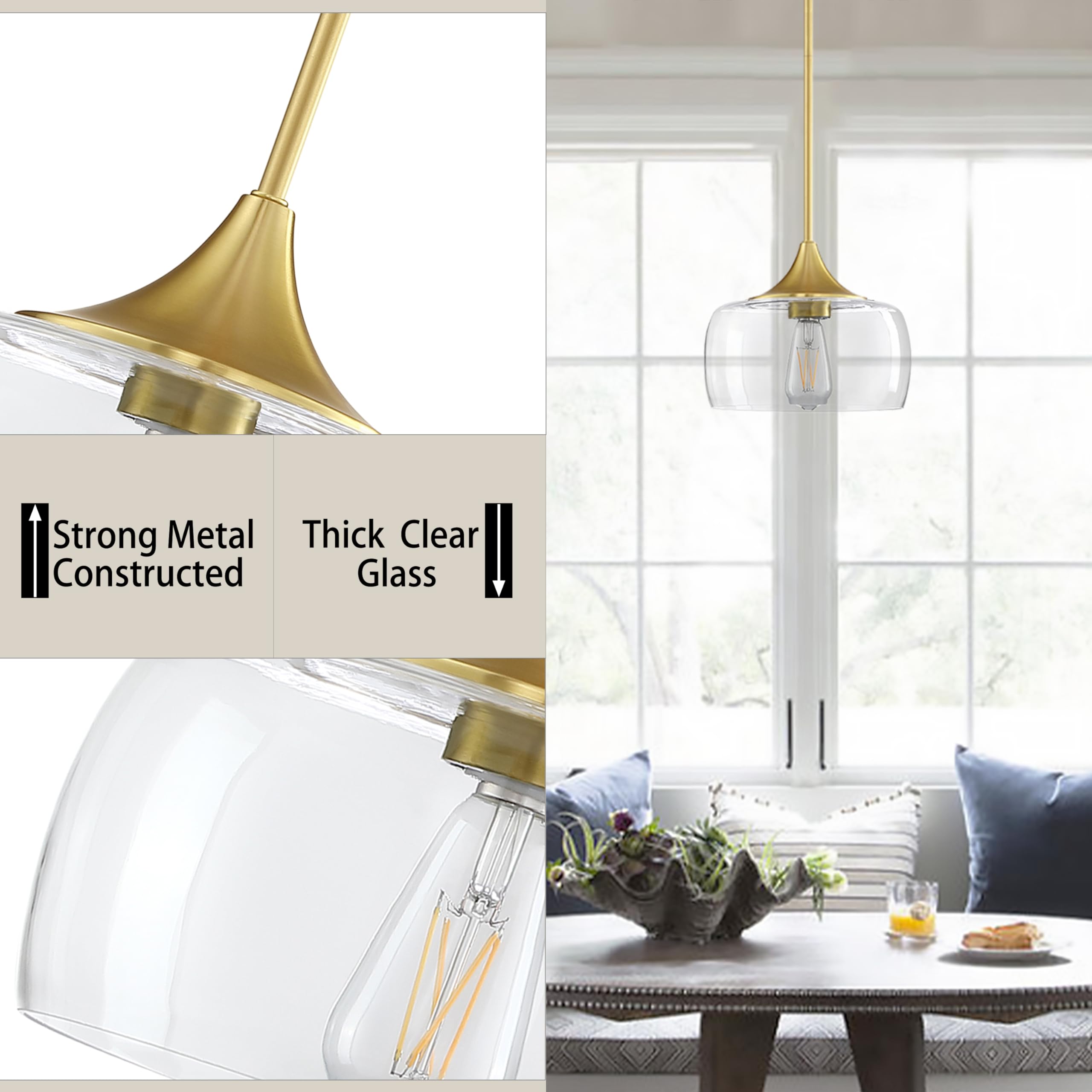 1 Light Semi Flush Mount Ceiling Light Pendant Light Modern Handblown Clear Glass Shade Classic for Farmhouse, Entryway, Dining Room, Kitchen Island (1 Pack, 10" Gold Pendant Light)