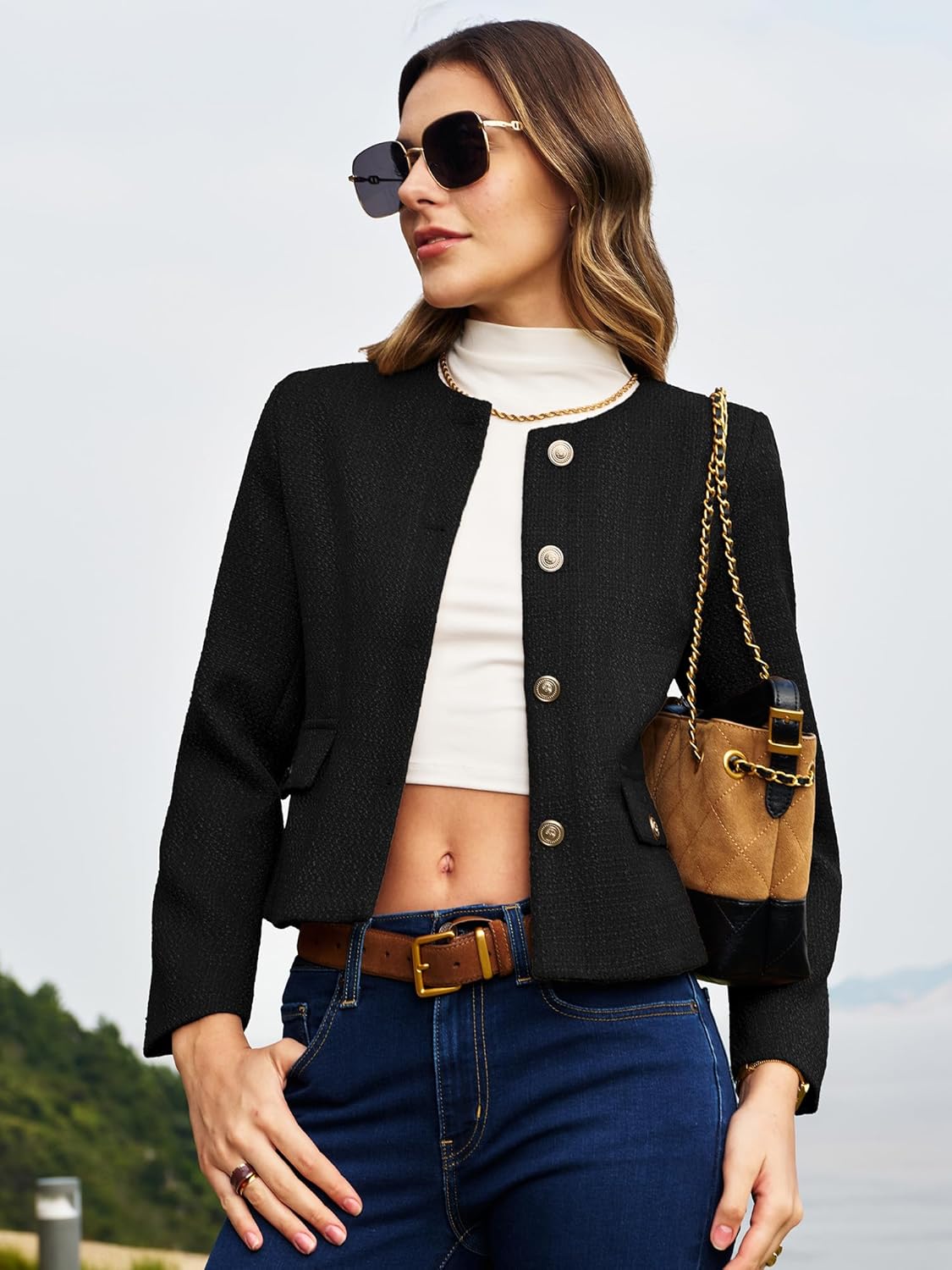 ELLEVEN Women's Cropped Tweed Blazers Collarless Button Down Jacket Business Casual Outfits with Flap Pockets - Image 4