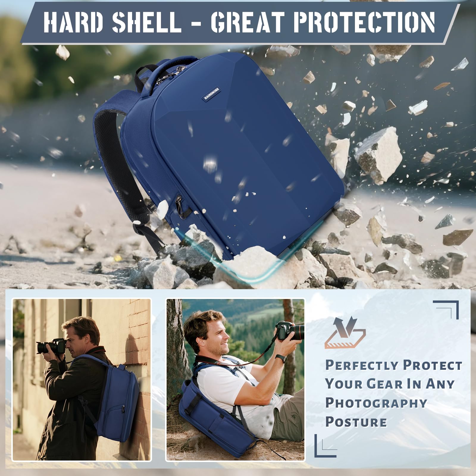 RAINSMORE Zaino per fotocamera DSLR/SLR Borsa per fotocamera con copertura antipioggia per fotografi Zaino impermeabile per laptop professionale