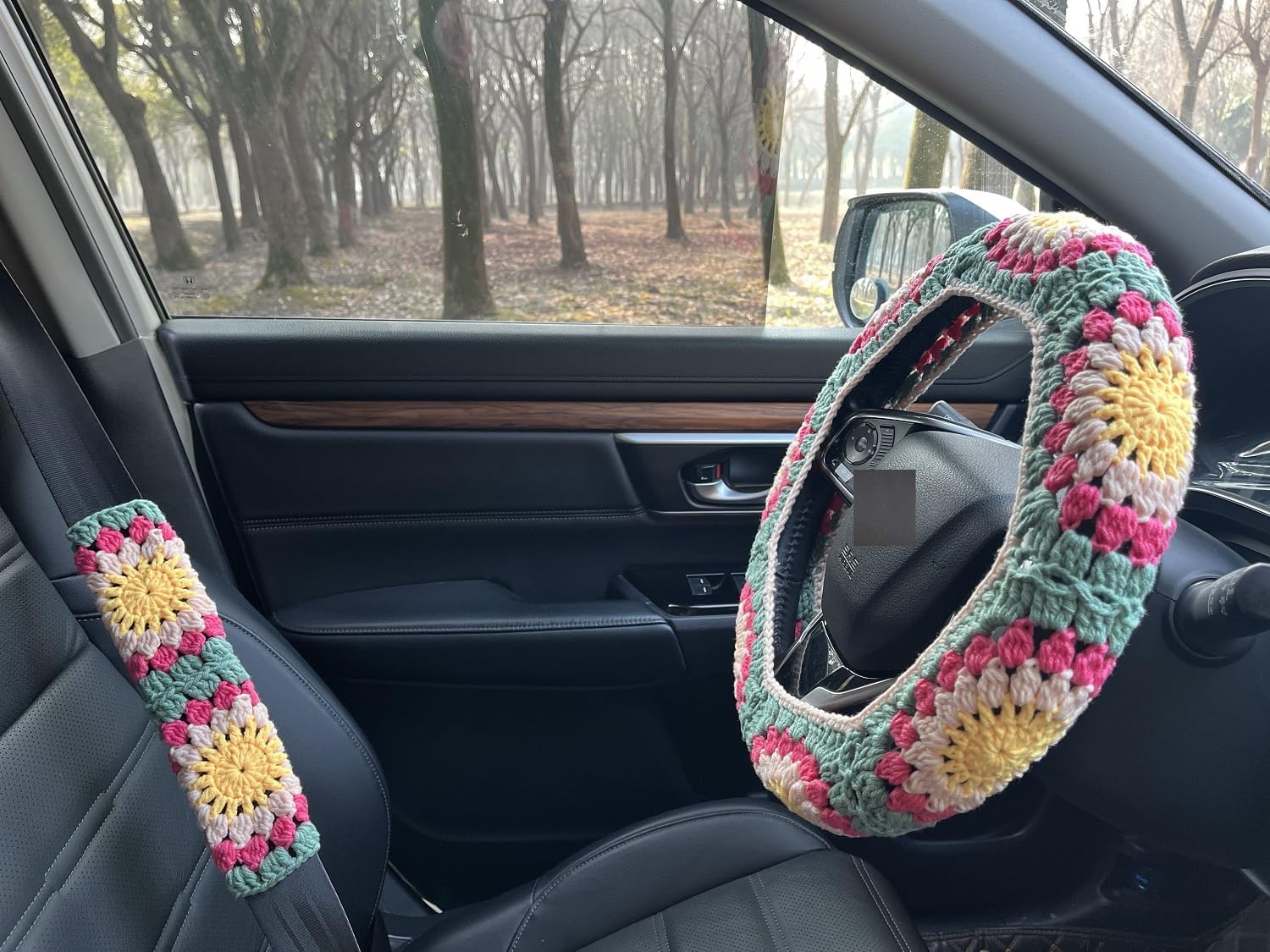Crochet Sunflower Car Steering Wheel Covers Universal 14-15 inch for Women/Men (B:Wheel Cover+2 Belt Cover)