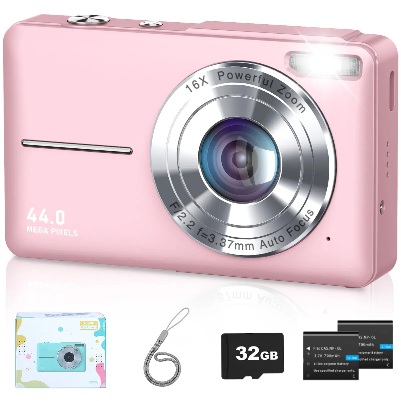 Digital Camera, Camkory FHD 1080P Point and Shoot Digital Camera 44MP Kids Camera 16X Digital Zoom, Anti Shake Small Travel Camera with 32GB SD Card, Two Batteries (Light Pink)