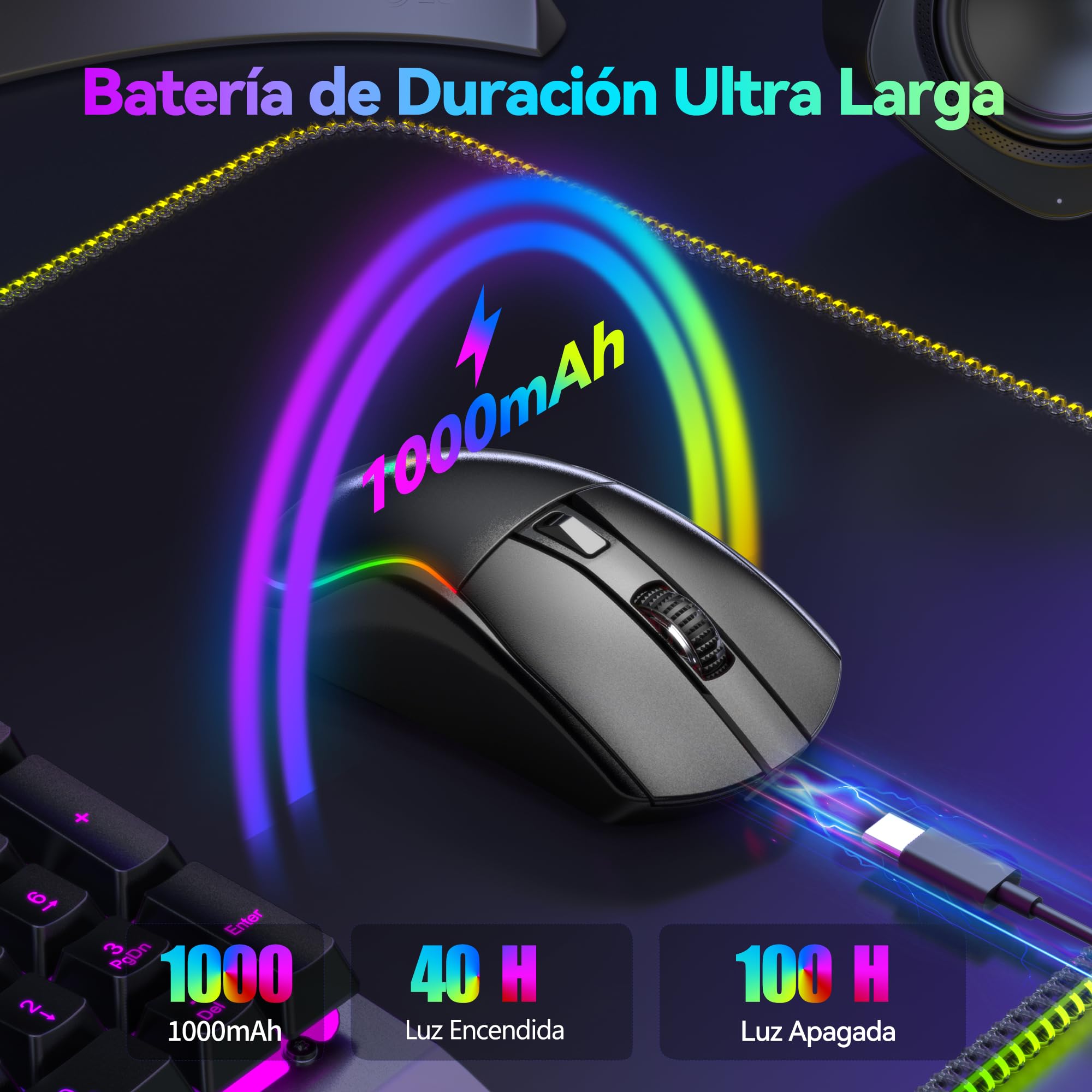 TECKNET Ratón Gaming Inalámbrico 24000 dpi, Conexión Bluetooth / 2.4G / USB-C, Recargable, 1000 Hz Tasa de Sondeo, 6 Botones Programables y Luces RGB Personalizables, Ergonómico para PC/Mac