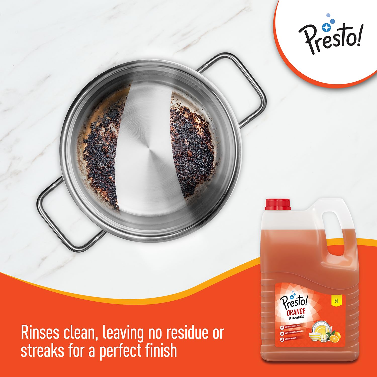 Amazon Brand - Presto! Dishwash Gel Refill Can, (Orange) - 5 Liter| Leaves No Residue and foul smell| Grease Cleaner For All Utensils |Super Saver Pack 3