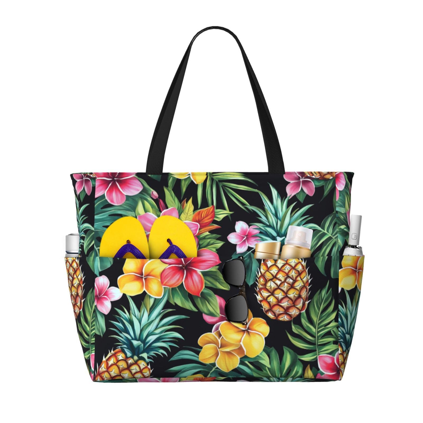 REVENEVER Beach Tote Bag for Women Foldable Waterproof and Sandproof Tote Bag with Zipper Print Beach Bag Large Travel Bag