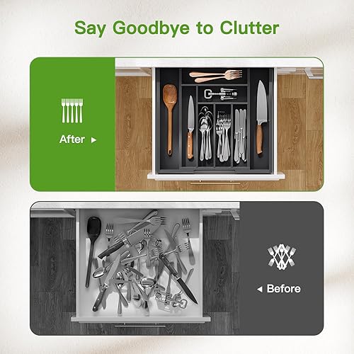 Miniatura 6 de Pipishell Organizador de cajones expandible de bambú para soporte de utensilios, bandeja ajustable para cubiertos, organizador de cajones de madera