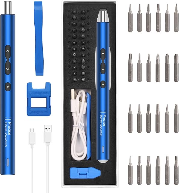 Brifit Precision 28 in 1 Electric Screwdriver Set LED Lights Mini Cordless Screwdriver Electric Screwdriver Set with Type-C USB Charging for Smartphone, Game Console, Camera, Clock, Laptop (Blue)