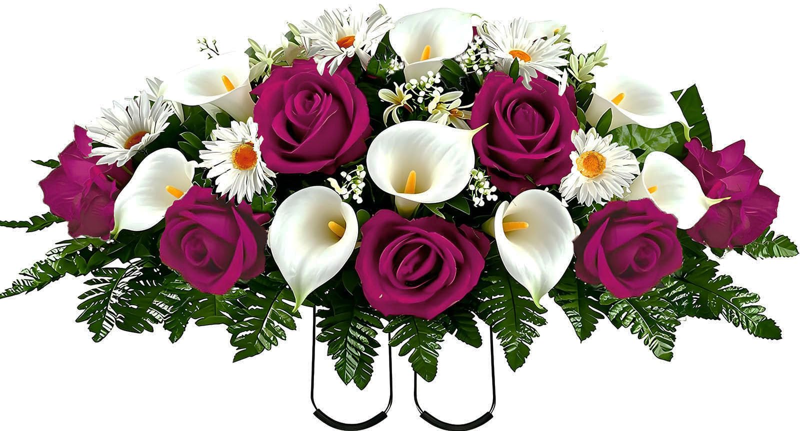 Artificial Roses Calla Lily Daisy Cemetery Flowers Outdoor Grave Decorations - Saddle Arrangement for Headstone,Outdoor Tombstone Memorial Decorations, Easy Fit (ROSEO White) image 5