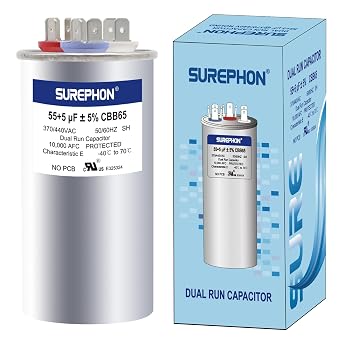 55/5 Mfd Ac Capacitor 370V or 440V 50/60Hz CBB65B Air Conditioner Capacitors for AC Unit Fan Motor Start or Pool Pump or Air Condenser Straight Cool