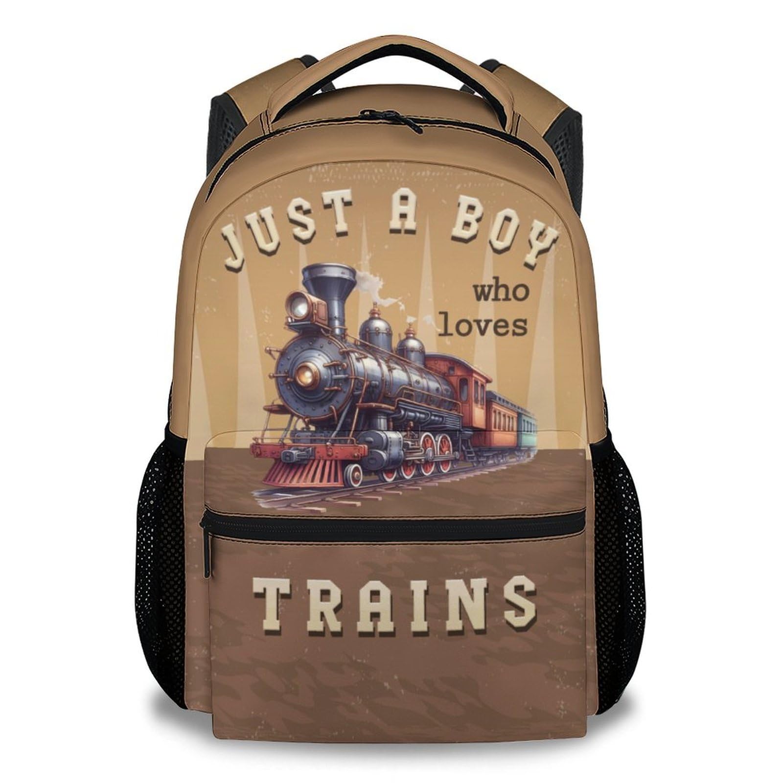 MEETUHONEY School Backpack for Boys, 17 Inch Brown Train Backpacks for Kids Ages 6-8, Funny Lightweight Bookbag