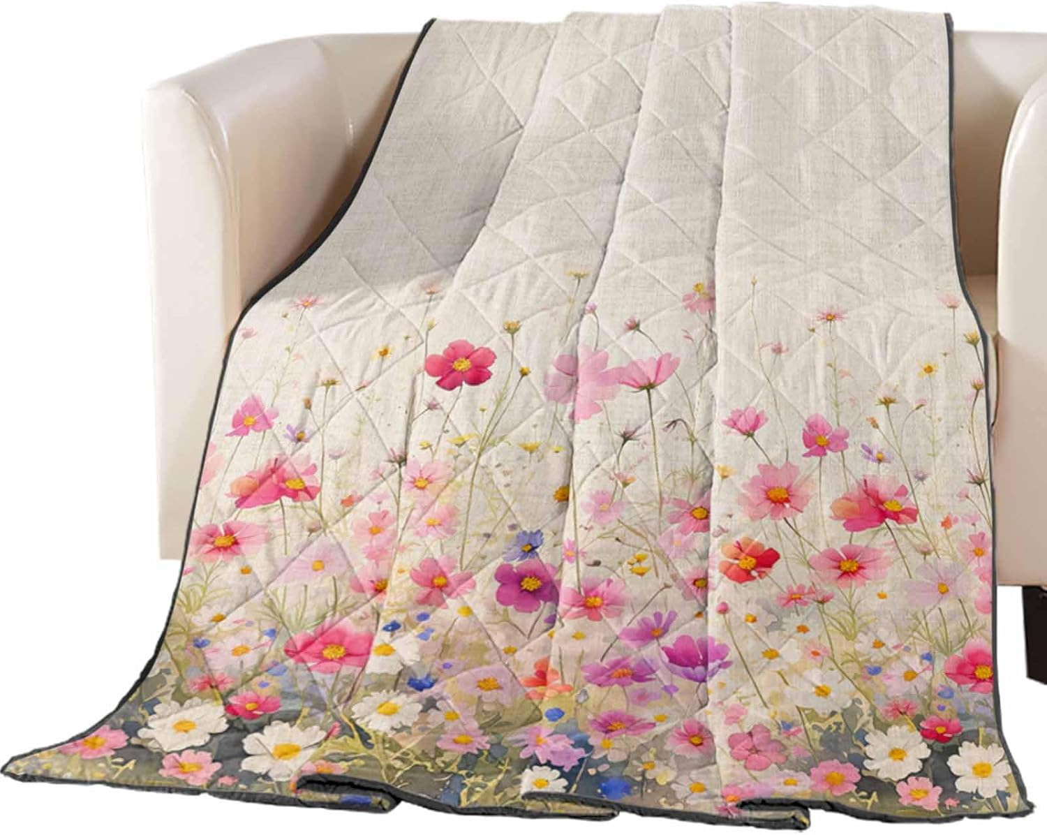 T&H XHome Quilt Oversized Queen Luxury Quilted Comforter Bedspread-Thin Soft Cozy, Watercolor Red Pink Floral Linen Texture Reversible Stitched Lightweight Quilt Coverlet for All Season