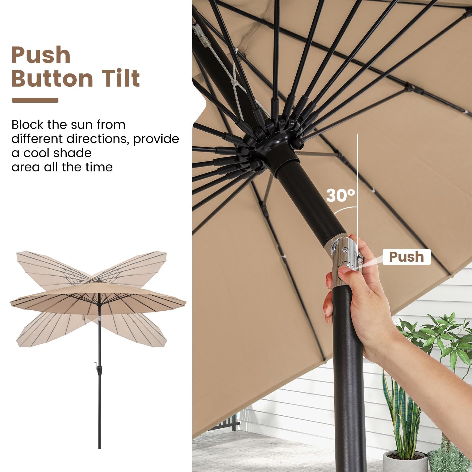 KOMFOTTEU Parasol ogrodowy Ø 265 cm, nachylona osłona przeciwsłoneczna z korbą, parasol zewnętrzny z 18 żebrami, parasol zewnętrzny z ochroną UV na patio, balkon, basen