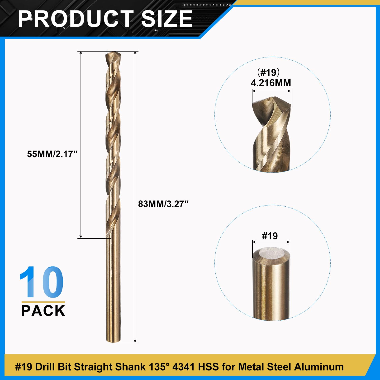 PATIKIL 4.2mm Drill Bit #19, Micro Number Small Bits 4341 High-Speed Steel 135° Gold for Soft Thin Metal Steel Wood Acrylic - 10 Pack - Image 2