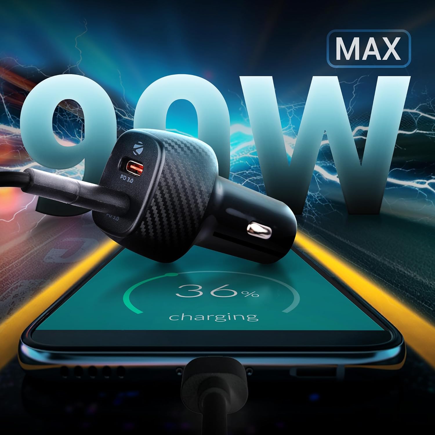 Illustration showing the ZEBRONICS CC90 car charger connected to a smartphone, with 'MAX 90W' and '36% charging' displayed on the phone screen