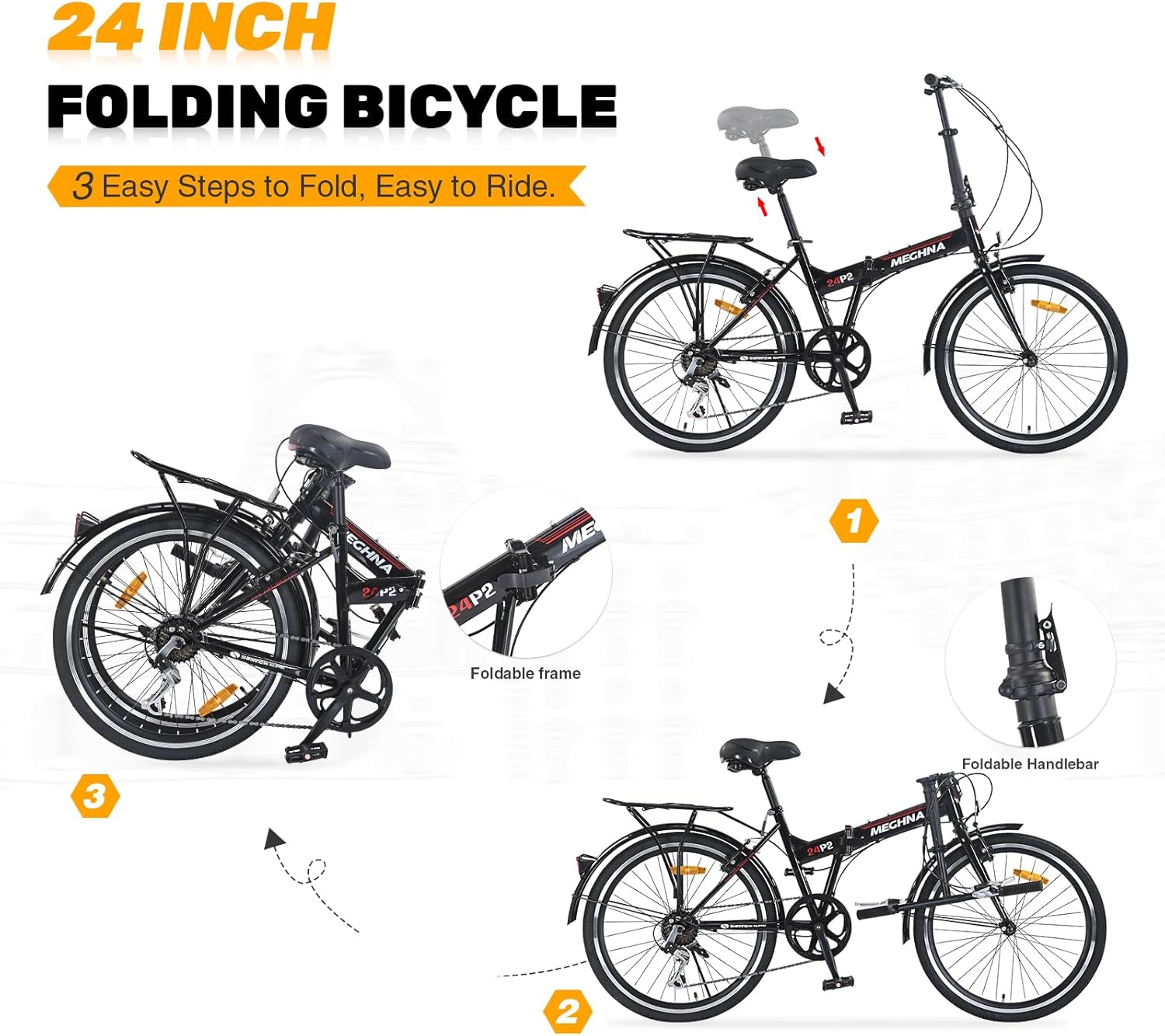 24" Folding City Bikes Steel Frame 7 Speed Folding Bikes,Lightweight Folding Bikes，Folding Commuter Bike for Adults/Men/Student，Bike with Rear Rack，Adjustable Stem