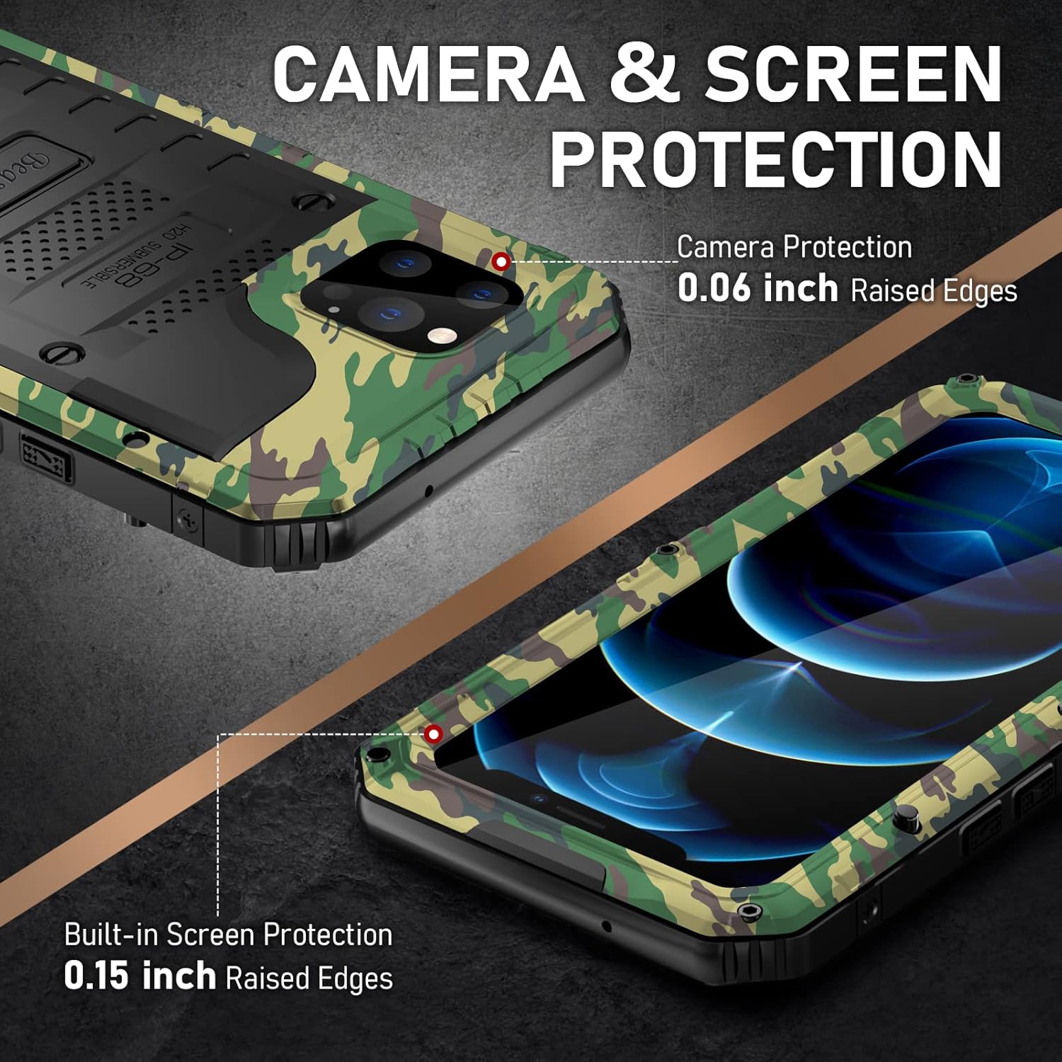 Beasyjoy Case for iPhone 12 Pro Max Waterproof, Metal Heavy Duty Case with Built in Screen Protector, Military Grade Full Body Protective Defender Rugged Phone Case 6.7 Inch(Camo)