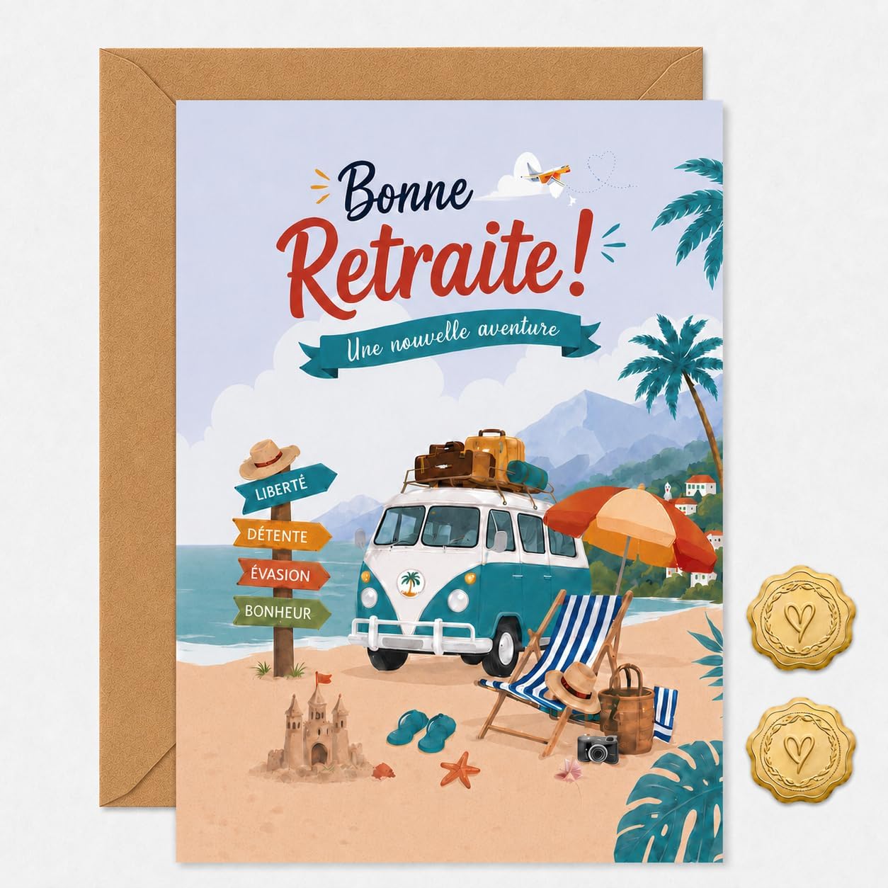 Ensemble de cartes de vœux de retraite, grande carte A4 avec enveloppe et 2 autocollants de cire, carte de remerciement de retraite, convient aux collègues, à la famille et aux amis.