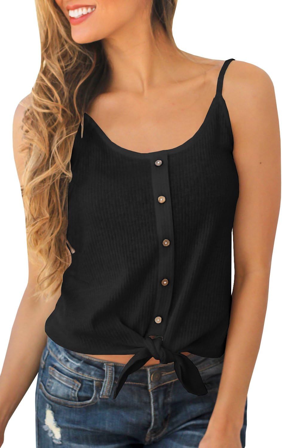 Niitawm Womens Sexy Spaghetti Straps Button up Tie Front Tank Tops Shirts (M,A Black)