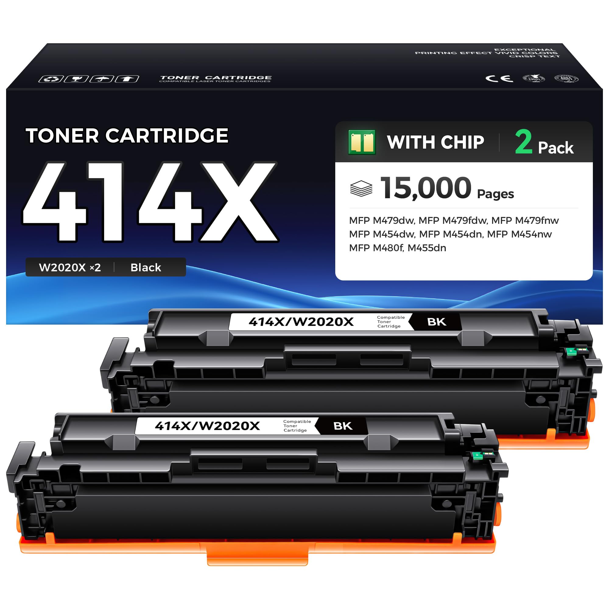 414X Black Toner Cartridge 2-Pack High Yield Replacement for HP 414X W2020X 414A W2020A Compatible for HP Color Laserjet Pro MFP M479fdw M479fnw M479dw M454dw M454dn M454nw M480f M455dn Printer Ink