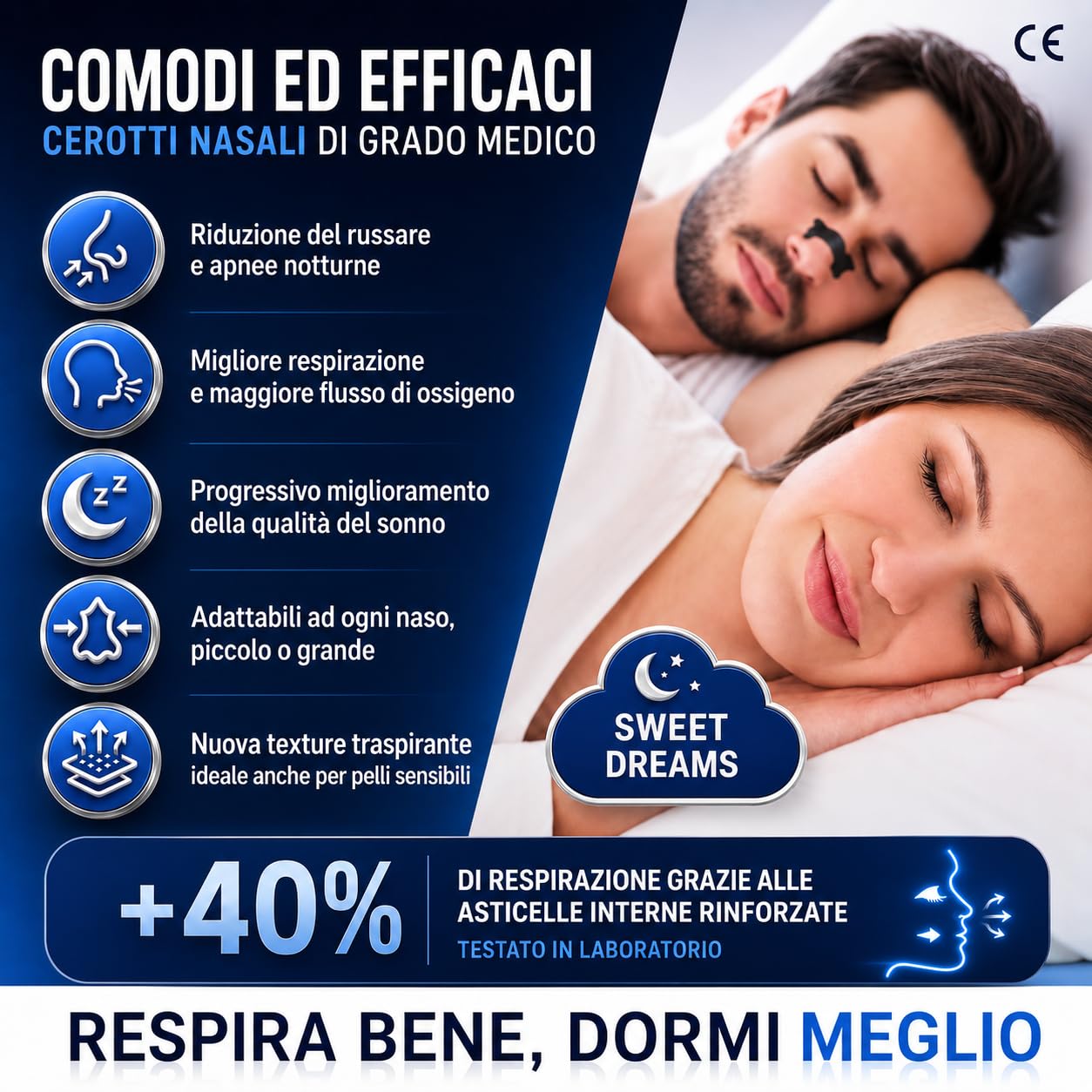 60pz Cerotti Nasali Antirussamento per Sport, Respira Bene, Dormire Meglio, Tenuta Forte, Asticelle Rinforzate, Antisudore, Giorno e Notte, per Uomo, Donna, Bambino, Dilatatore Nasale
