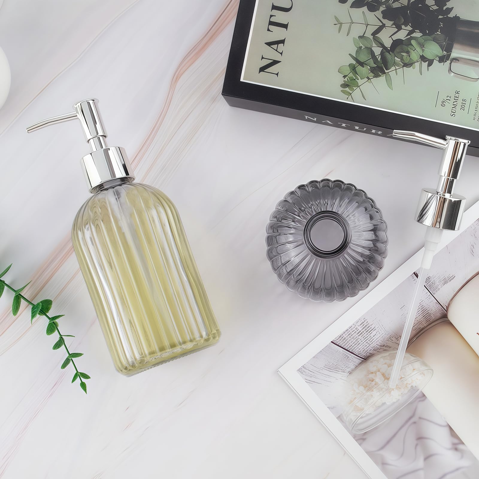 Confezione da 3 dispenser di sapone in vetro con pompa antiruggine, dispenser di sapone liquido ricaricabile da 400 ml, per bagno e cucina