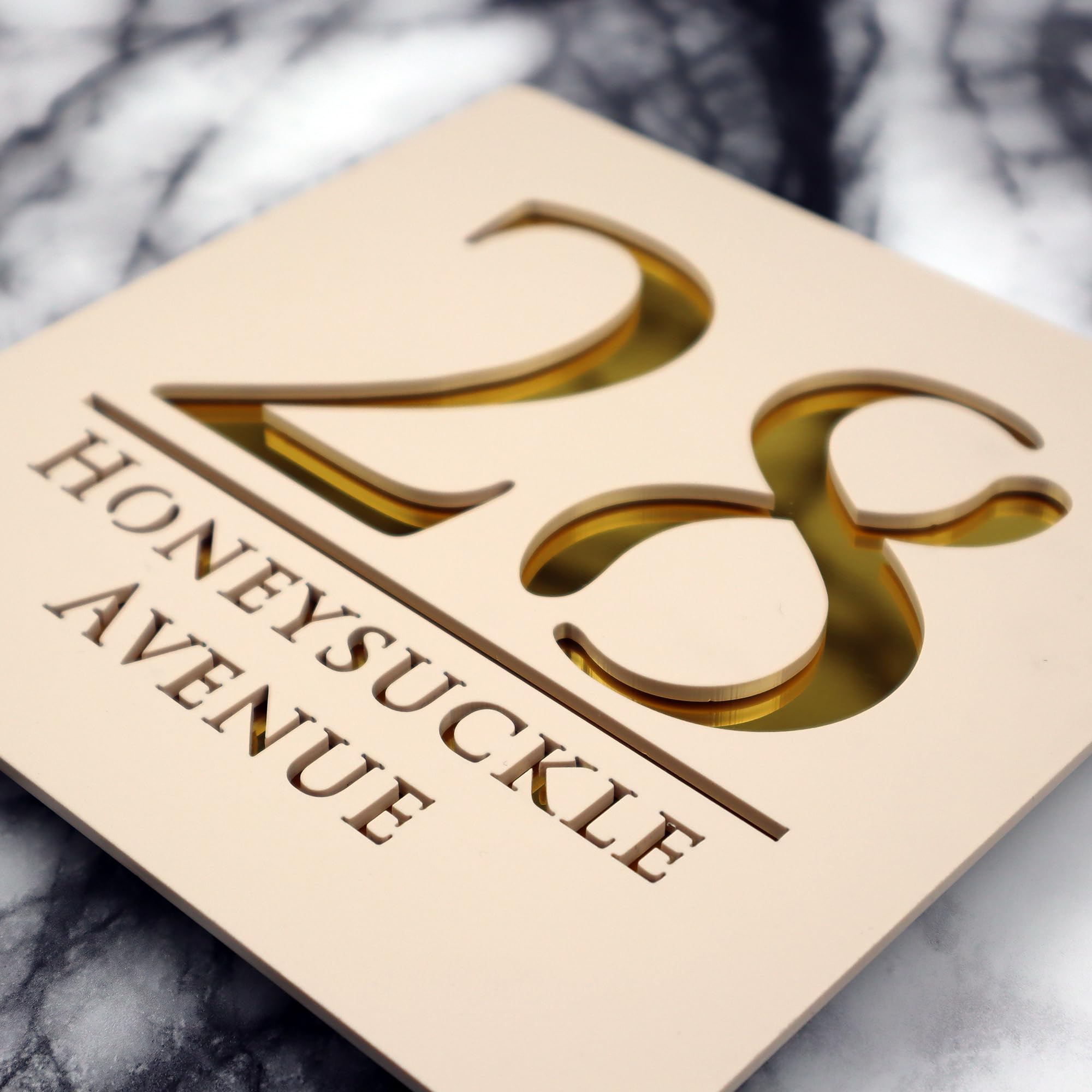 K SMART SIGN | Bellissima S1 Khaki Cream | House Numbers Plaques House Numbers Door Laser Signs Number Name Personalised Plaques Laser Cut acrylic Mirrored Marble (Matt Khaki Cream & Gold Mirror)
