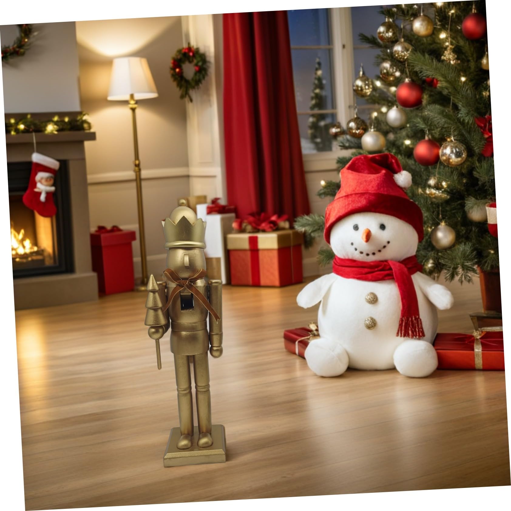 Drewniany Nutcracker Żołnierz z Złotą Kokardą Klasyczna Świąteczna Dekoracja Kominek i Stół Figurka Bożonarodzeniowa Xmas Celebration