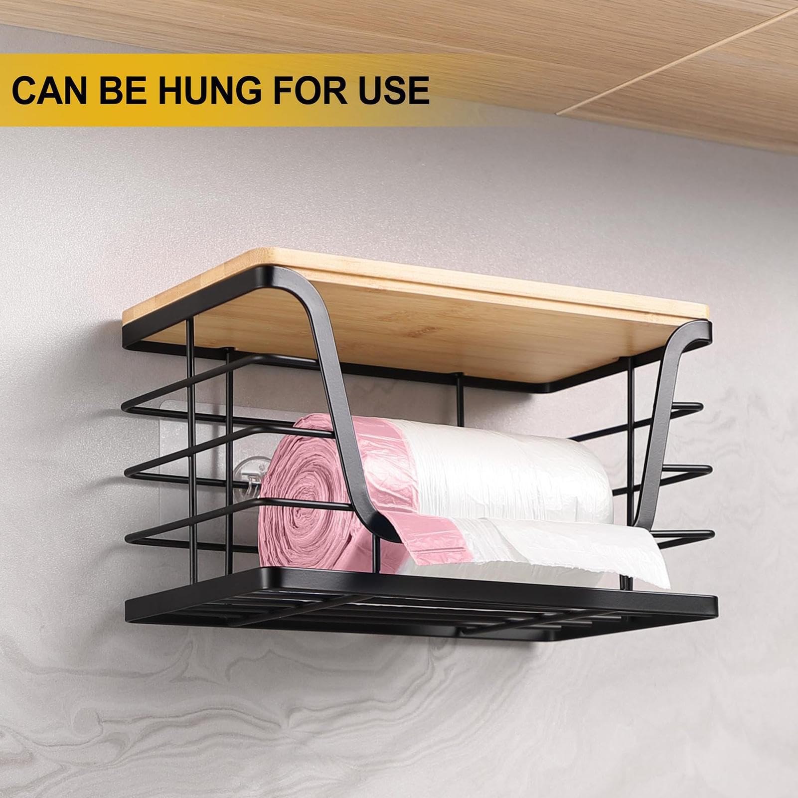 Dispensador de Bolsas de Papelera,Organizador de Pared con Bandeja de Madera | Organizador de Pared Apilable para Cocina Baño Lavadero Armario Balcón