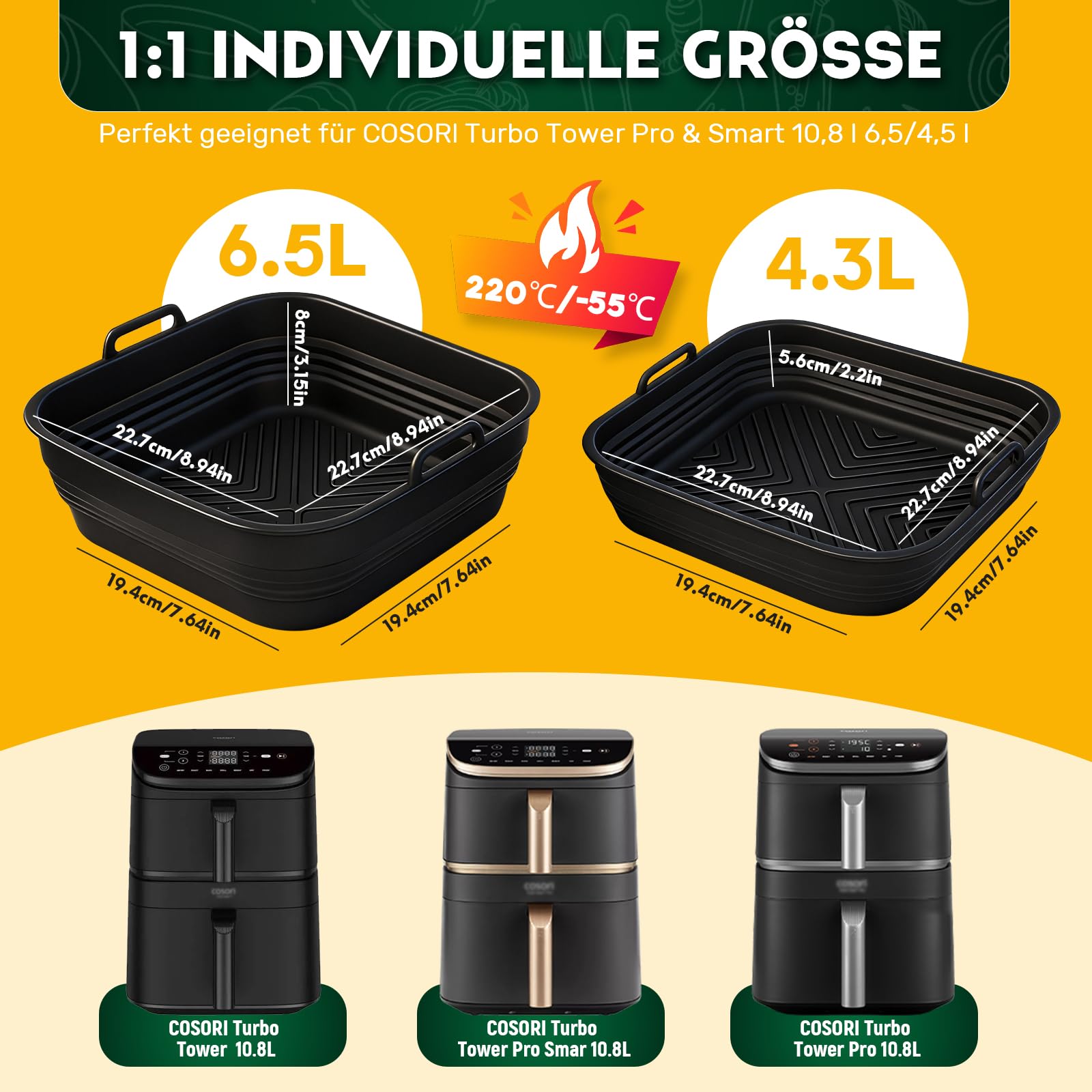 9 Teiliges Airfryer Zubehör für COSORI Turbo Tower Pro 10,8L(6,5L/4,3L) Double Stack Airfryer, COSORI Heißluftfritteuse Zubehör, BPA-frei Airfryer Silikonform Zubehör.