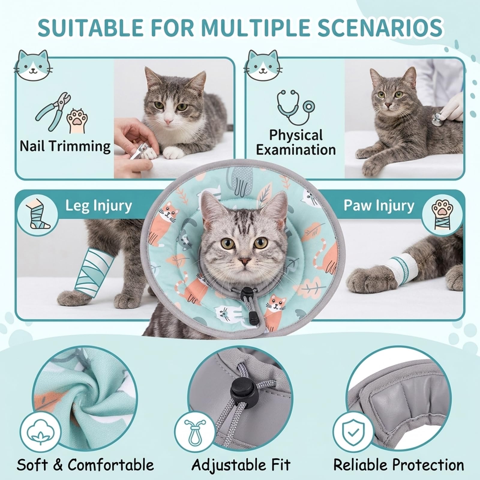 Halskrause Katze Weich, Einstellbarer Halskrause Katze Halsband, Weiche Schutzvorrichtung Für Haustiere, Halsband Weich Kragen für Katzen, Welpenund Kleine Hunde (Grün, M)