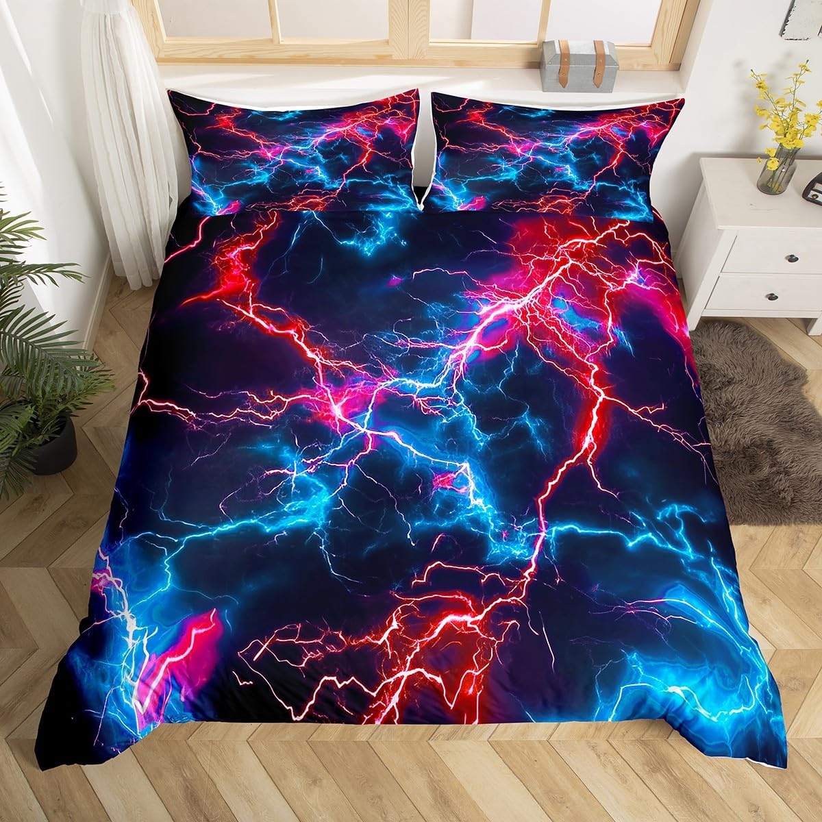 jejeloiu Pink Red Blue Duvet Cover Toddler Size Strip Lines Bedding Set for Kids Geometric Modern Comforter Cover,NO Comforter