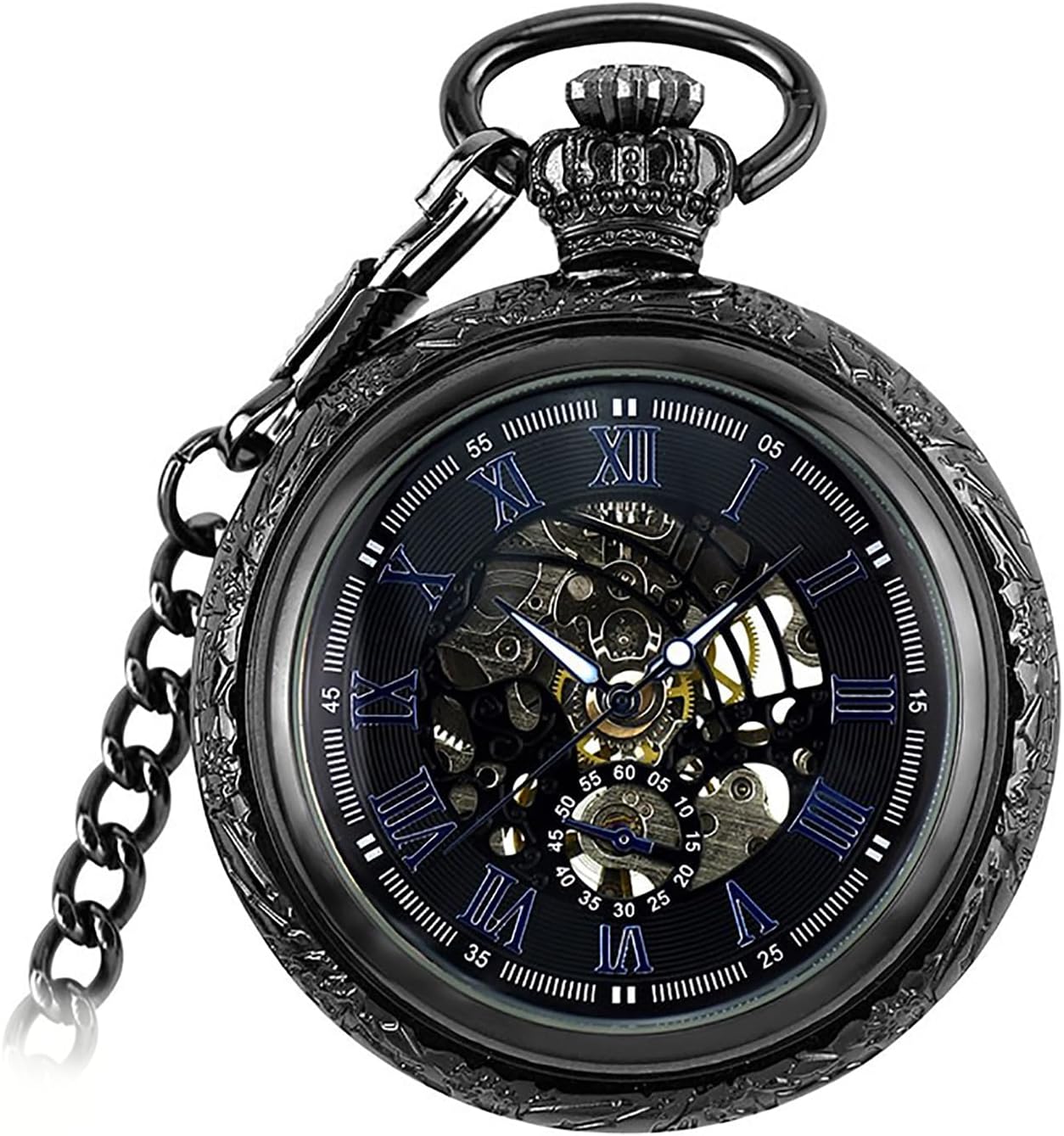 Men's Mechanical Skeleton Pocket Watch Roman Numerals Dial Steampunk Hand-Wind Pocket Watch with Chain Gift Box