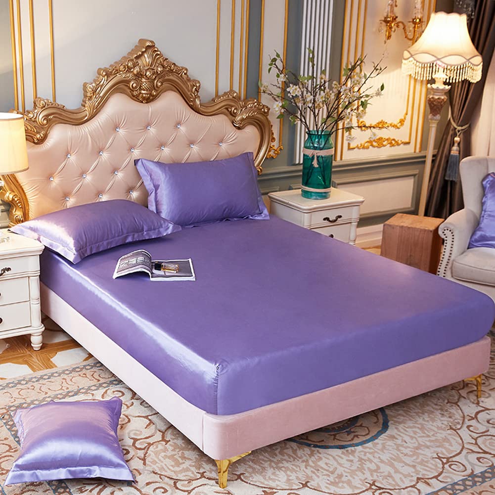 Premium Satin Silk Fitted Sheet,King/Single/Double Bed Sheet,Elastic Fitted,Waterproof Matress Cover,Breathable and Silky,Anti-Slip