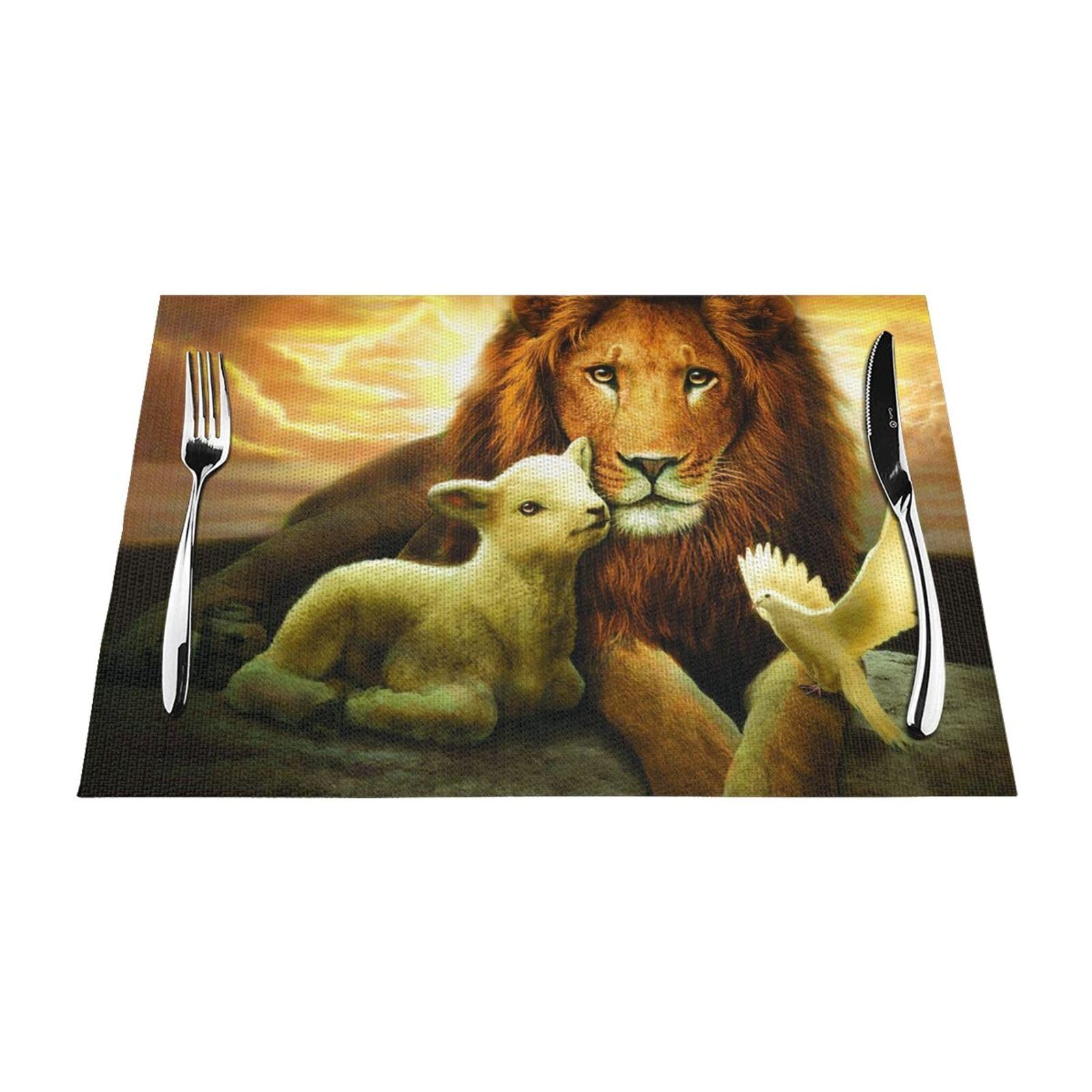 PVC Placemat Set of 1 PCS, 45x30 CM, Sunset Lion Lamb Bird Printed Non-Slip Heat Resistant Place Mats for Kitchen Dining Table Indoor Outdoor