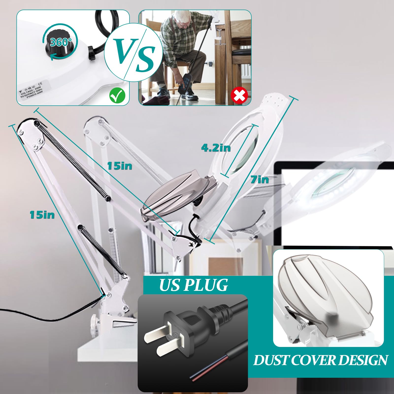 Lupa de 10 aumentos con luz, 2200 lúmenes, regulable, con luz, lente de vidrio real de 4 pulgadas, brazo oscilante ajustable iluminado para esteticista, manualidades, trabajo cercano, color