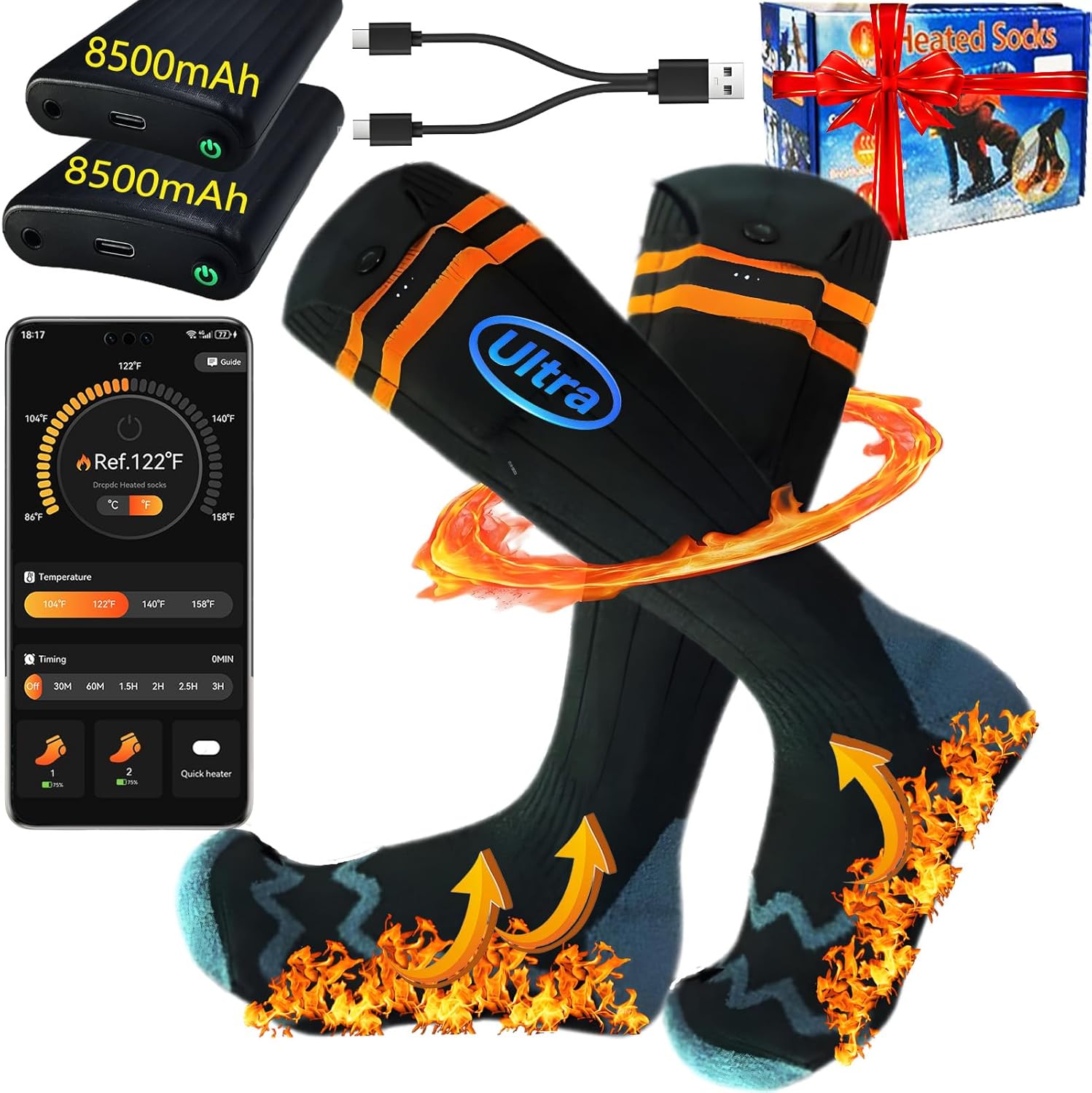 Heated Socks, Heated Socks for Women Men with App Control 2 * 8500mAh Rechargeable Electric Heated Socks Washable Warm Socks for Outdoors Work Skiing Hunting Riding Cycling Hiking Camping Xmas Gifts