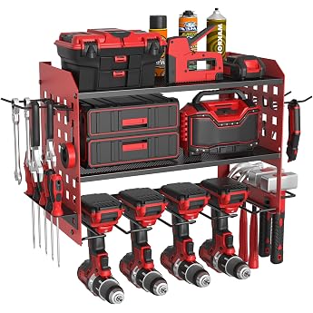 Yeabett 3 Level Tool Wall Mount Tool Storage for 4 Power Tools Tool Wall Mount for Garage Workshop 42.5 x 20 x 31 cm Red