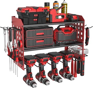 Yeabett 3 Layer Power Tool Storage, Tool Rack for 4 Drill Holders, Heavy Duty Wall Mounted Rack for Garage, Home, Workshop Red