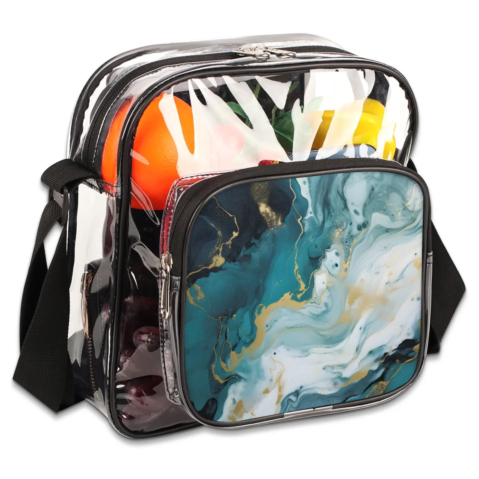 Clear Crossbody Bag Stadium Approved Dynamic Fluid Transparent Bag for Festivals, Sports Events, Concerts,Beach Bag for Women Men Art and Gold Clear Purse with Front Pocket Messenger Bag