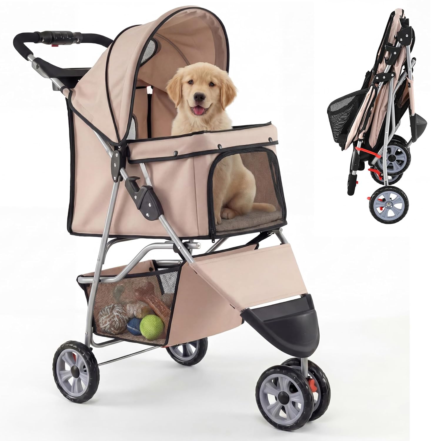 Giantex 3 Wheel Foldable Dog Stroller for Small Dogs Cats, Lightweight Pet Stroller with Lockable Wheels, One-Hand Quick Fold, Mesh Windows, Safety Leash & Storage Basket, Pet Travel Stroller (Beige)