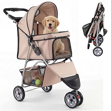 Giantex 3 Wheel Foldable Dog Stroller for Small Dogs Cats, Lightweight Pet Stroller with Lockable Wheels, One-Hand Quick Fold, Mesh Windows, Safety Leash & Storage Basket, Pet Travel Stroller Beige