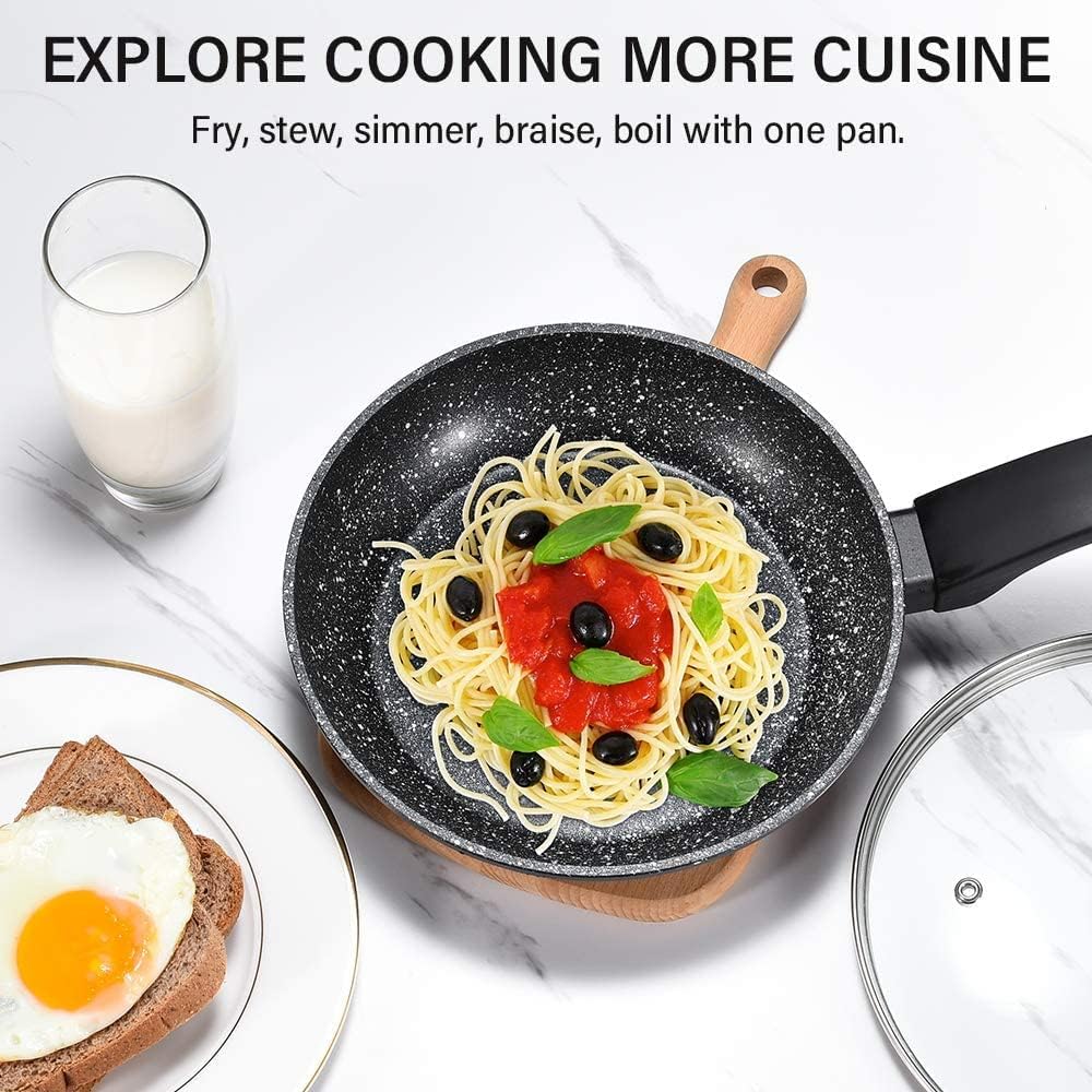 CSK 8-Inch Nonstick Frying Pan with Lid, Nonstick Egg Pan, Omelette Pan with Ergonomic Handle and Flat Bottom, Induction Aluminum Egg Pan Skillet Cookware, APEO & PFOA-Free, Stone-Derived Coating