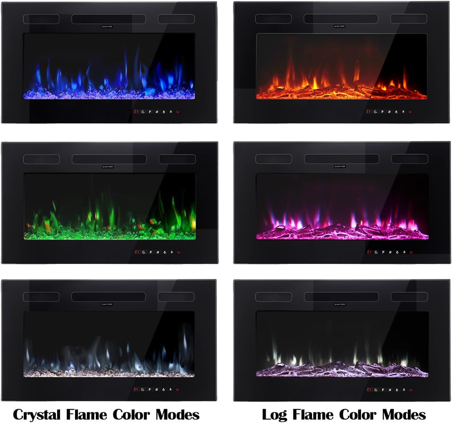 Comparison of crystal and log flame color modes for the electric fireplace.
