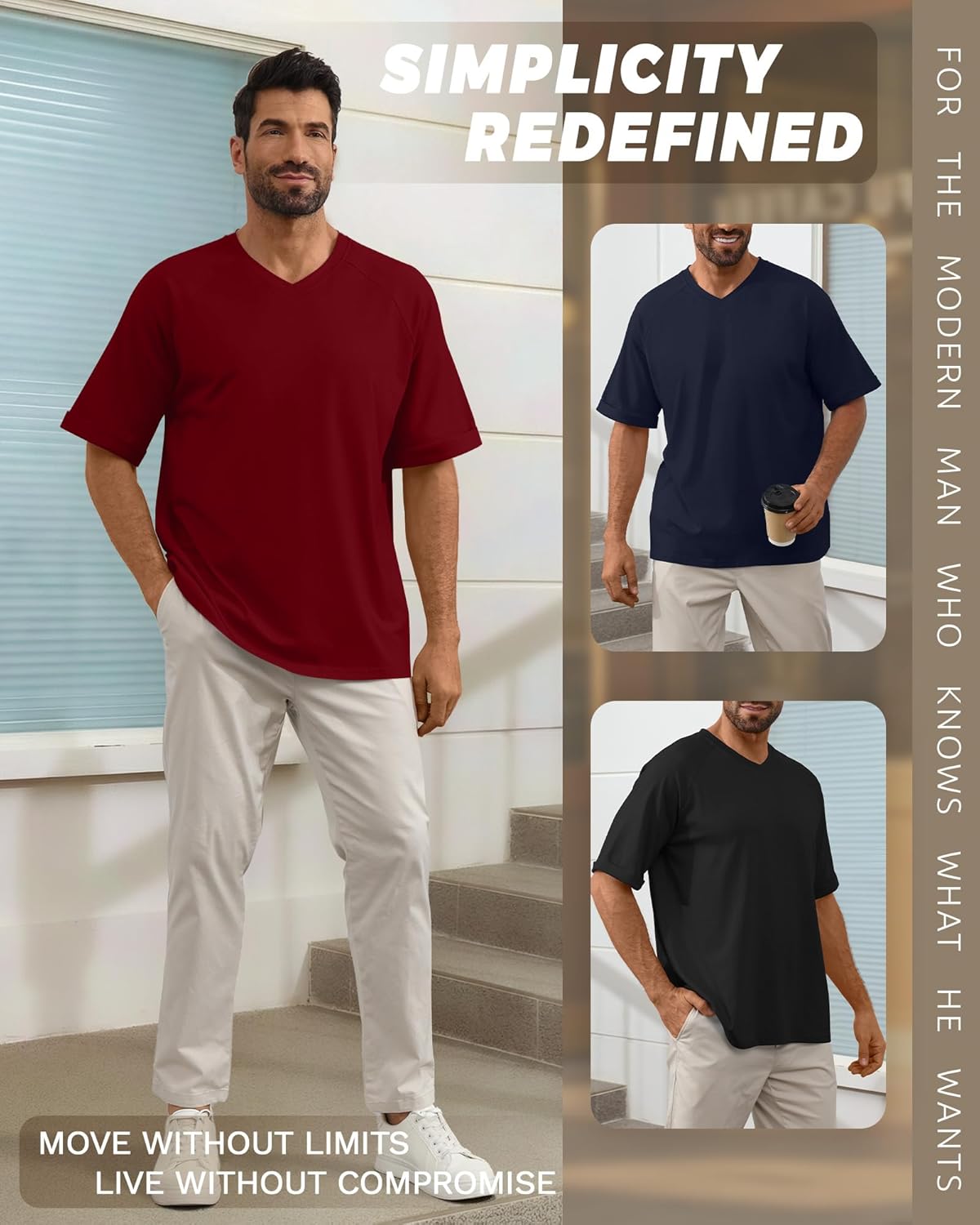 3 Pack Men's Oversized V Neck T-Shirts Loose Fit Short Rolled Sleeve Casual Tops Raglan Baggy Workout Basic Tees - Image 5