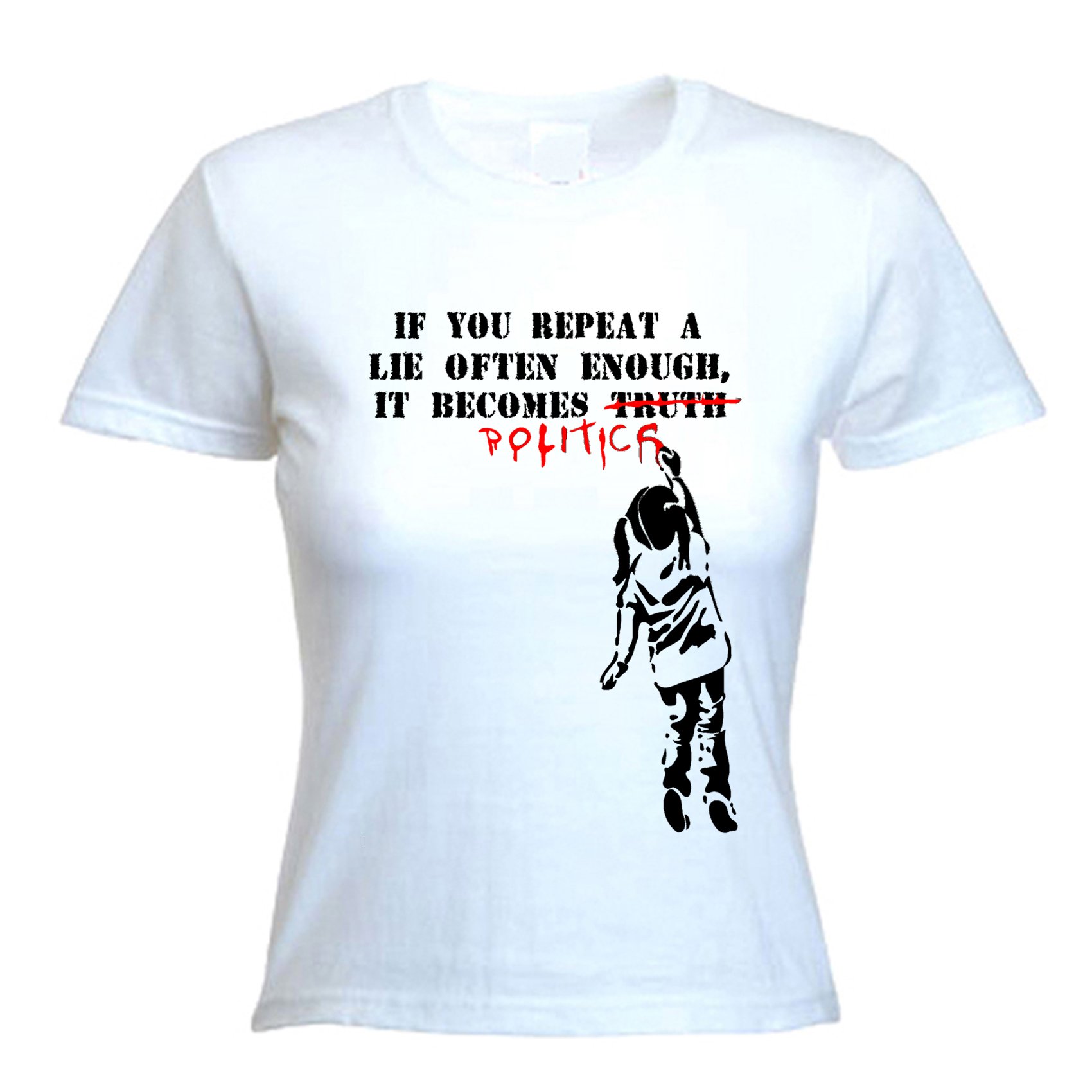 Tribal T-Shirts Womens Banksy if You Repeat a Lie Often Enough It Becomes Politics T-Shirt (Medium, White)