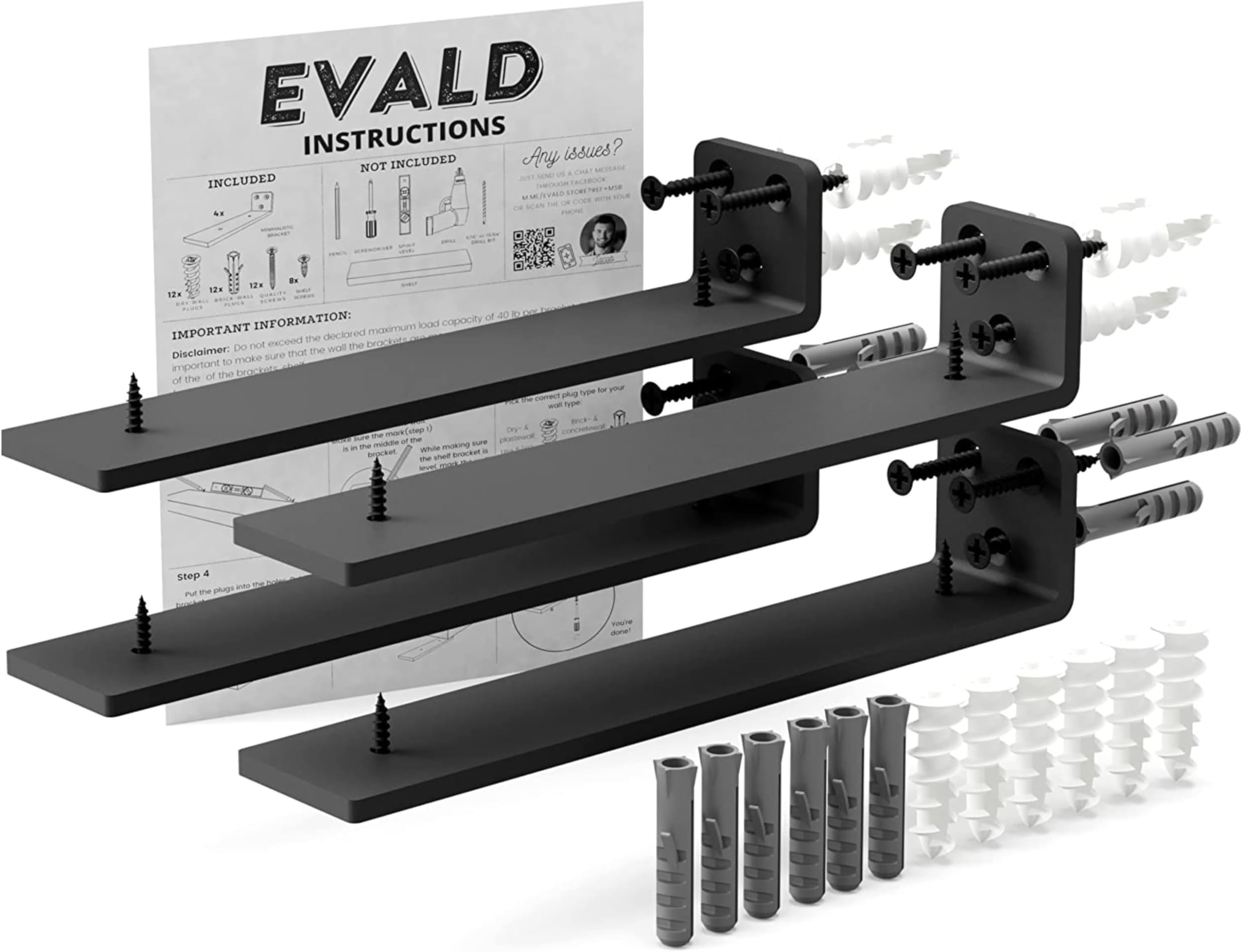 EVALD Floating Shelf Brackets | Hidden Black Carbon Steel Brackets for 8-inch Board (7 1/4" True Size) Kitchen, Nursery | Minimalist Design for Fireplace Mantel, Bookshelves, Bar Wall Shelves 4 Pack