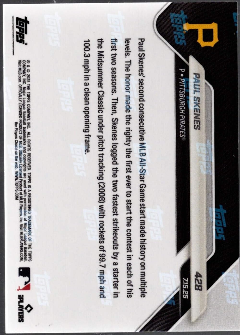 2025 Topps Now Paul Skenes #428 Orange Foil /25 Pittsburgh Pirates Baseball Card