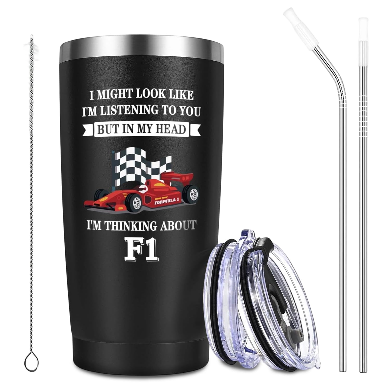 LUMIREX F1 Racing Themed Insulated Tumbler, 20oz Stainless Steel Travel Coffee Cup with Two Straws, Lid and Straw Brush, Cool Insulated Water Bottle F1 Gifts for Men, Dad, Son, Friends