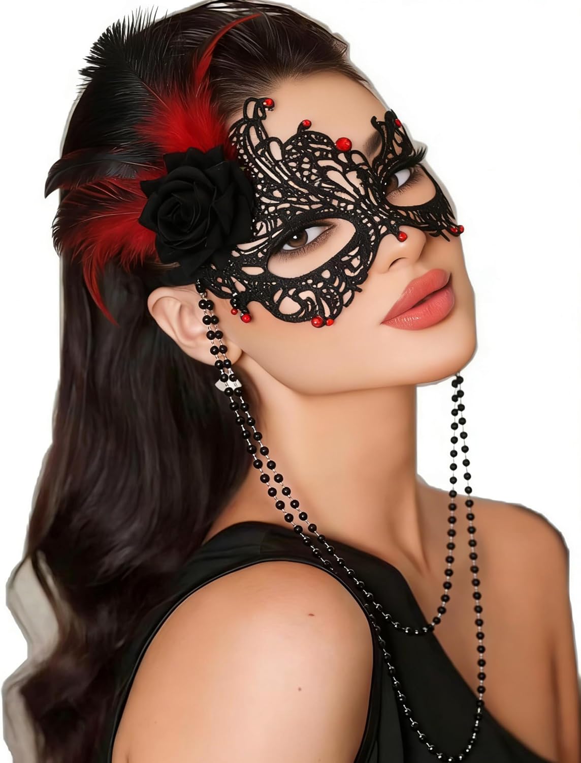 Ursumy Feather Masquerade Lace Mask Rhinestone Eye Masks with Beaded Chain Ball Costume Party Mask for Women - Image 2