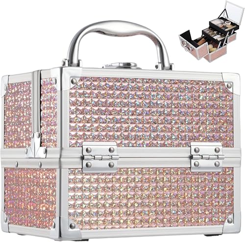 Costravio Makeup Train Case Cosmetic Box Smart Capacity 2 Trays Makeup Storage Organizer with Mirror Lockable for Nail Polish Jewelry Girls Cosmetic Organizer, Bling Gold, Travel Gift