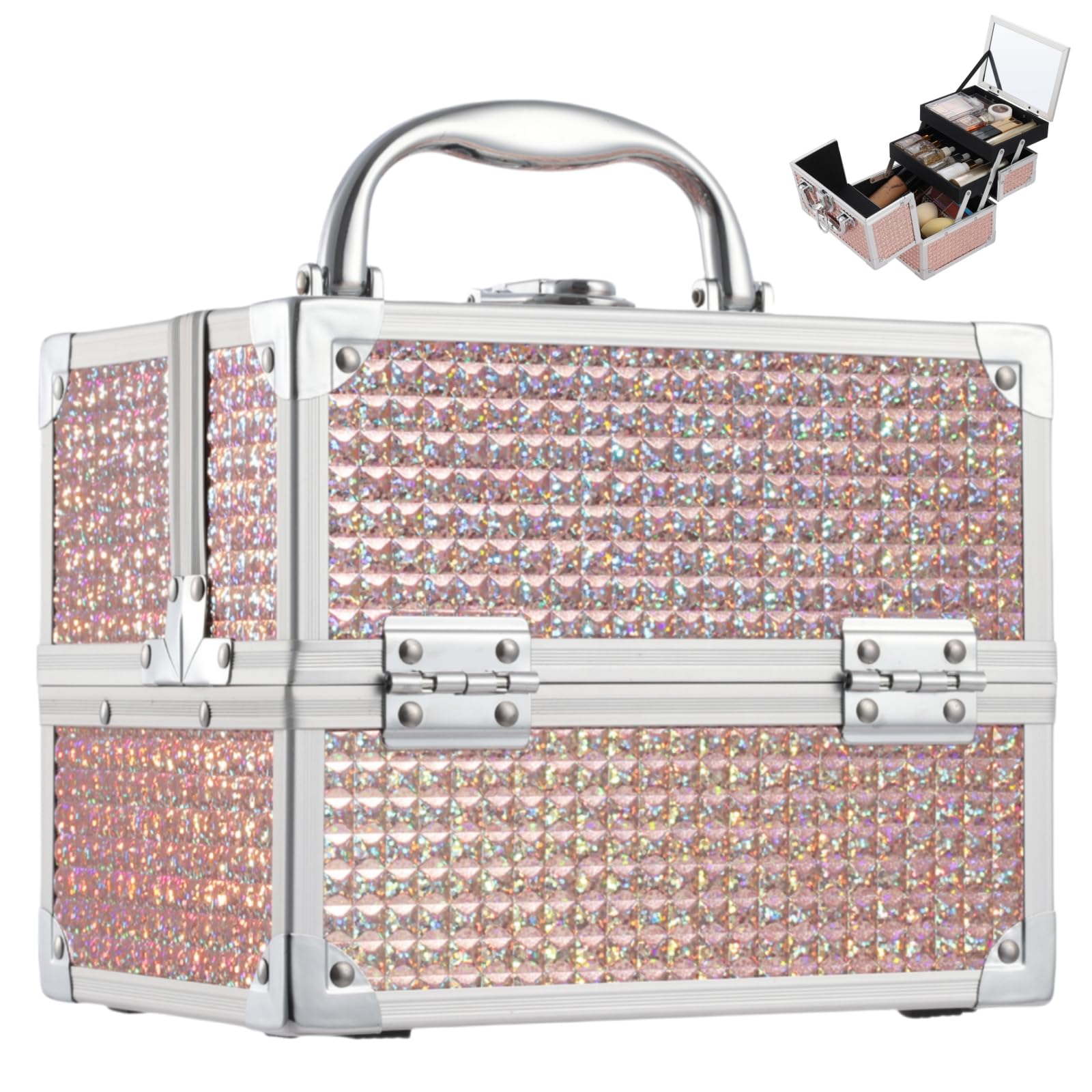 Costravio Makeup Box with Mirror, Makeup Organizer Case Train Case for Girls Women Kids Make up Box Makeup Case Organizer with Lock and Key Storage Vanity for Polishes Cosmetic Jewelry, Shiny Pink
